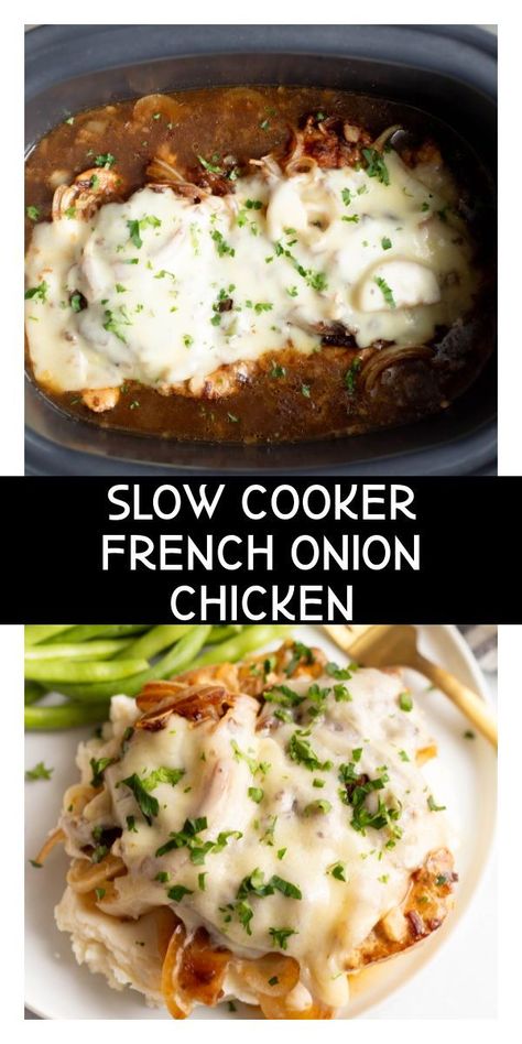 This Slow Cooker French Onion Chicken is a five ingredient recipe that is so easy to make and the entire family will love. Tender chicken is cooked in a French onion gravy and topped with melty cheese. French Onion Gravy, Slow Cooker Chili Beef, Slow Cooker Korean Beef, Easy Meals For Families, Meals For Families, Best Slow Cooker Recipes, Lean Chicken, Slow Cooker Recipes Beef, Delicious Dinner Ideas