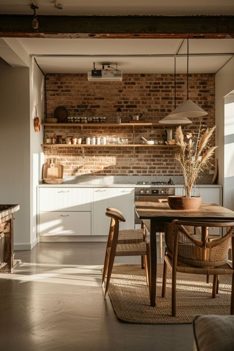 Add Character with a Brick Backsplash in Your Farmhouse Kitchen - Quiet Minimal Brick Wall Interior Kitchen, Brick Accent Wall Kitchen, White Brick Wall Kitchen, Brick Kitchen Ideas, Red Brick Kitchen, Kitchen Brick Wall, Exposed Brick Kitchen, Dark Brown Floor, Brick Wall Kitchen