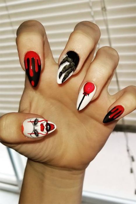 "IT" Nails: Especially creepy on long, point nails, this It-inspired look is enough to freak out even the non-clown-averse among us. Click through for more nail art ideas perfect for Halloween! Pretty Halloween Nails, Clown Nails, Point Nails, Halloween Nails 2022, Spooky Halloween Nails, It Nails, It Clown, Scary Nails, Halloween Nail Art Ideas