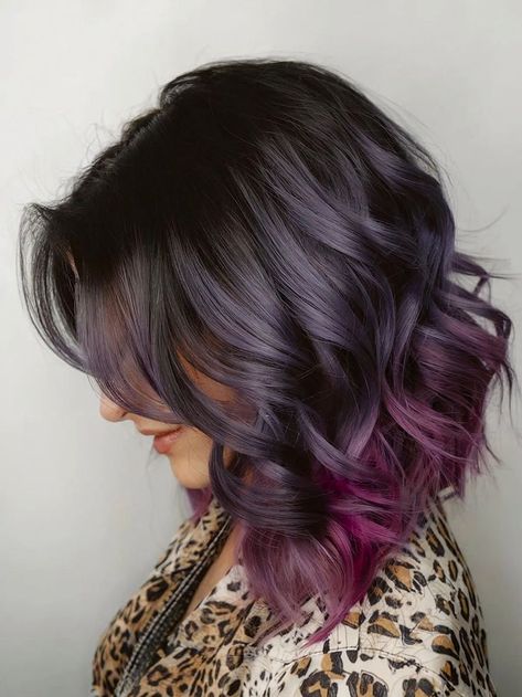 Black to purple ombre hair with a bold contrast and a seamless blend of vibrant tones Edgy Ombre Hair, Black To Purple Hair, Dark Hair With Purple Highlights, Purple Ombre Hair Color, Purple Black Hair, Purple Hair Color Ombre, Ombre Hair Ideas, Dramatic Hair Colors, Ombre Hair Color Ideas