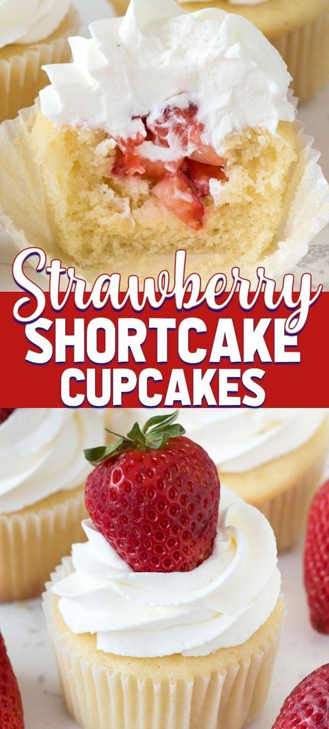 Strawberry Shortcake Cupcakes are my favorite vanilla cupcake recipe filled with fresh strawberries and a whipped cream frosting! These easy cupcakes are a delicious twist on a strawberry shortcake recipe. #recipe #easy #cupcakes Strawberry Shortcake Cupcakes, Fruit Cupcake, Shortcake Cupcakes, Shortcake Recipes, Cupcakes Fruit, Cupcakes Strawberry, Strawberry Shortcake Cupcake, Strawberry Shortcake Recipe, Vanilla Cupcake Recipe