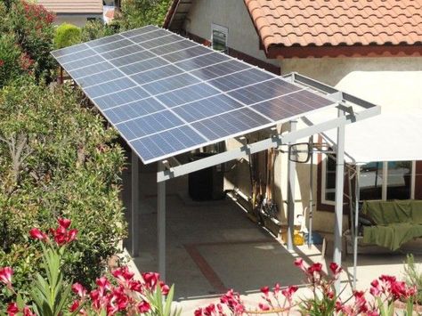 using solar panels to create a shade structure next to the house -- I must look into this later... Residential Solar Panels, Used Solar Panels, Residential Solar, Solar Panels For Home, Solar Roof, Best Solar Panels, Solar Projects, Renewable Sources Of Energy, Solar Panel System