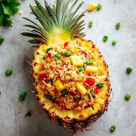 Pineapple Chicken Fried Rice, Pineapple Rice Recipes, Thai Pineapple Fried Rice, Pineapple Fried Rice Recipe, Thai Fried Rice, Pineapple Rice, Eat Thai, Vegetarian Thai, Pineapple Bowl