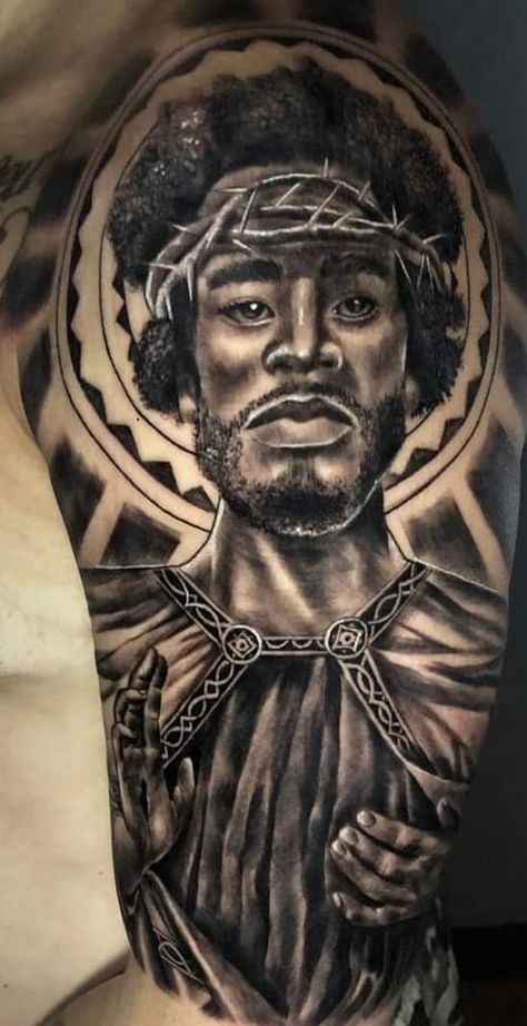 Black Jesus Tattoo Design, Black Jesus Tattoo, Jesus Christ Tattoo, Jesus Tattoo Design, Tats Ideas, Black Power Art, Christ Tattoo, Power Art, Black Jesus