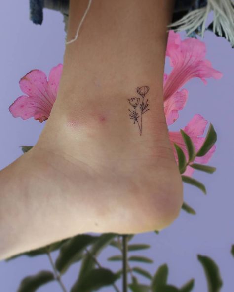 I Adore You Tattoo, Fine Line Flower Tattoo Ankle, Poppy Ankle Tattoo, Poppy Tattoo Ankle, Poppy Stamp Tattoo, Fine Line Ankle Tattoos For Women, Tiny Fine Line Tattoo Ideas, Ankel Tattoos Simple, Tiny Ankle Tattoo