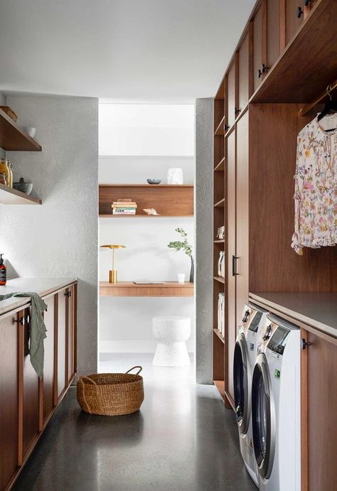 Mid Century Modern Laundry, Mid Century Laundry Room, Concrete Floors In House, Contemporary Laundry Room, Modern Laundry, Greenhouse Interiors, Modern Laundry Rooms, Basement House, Home Features