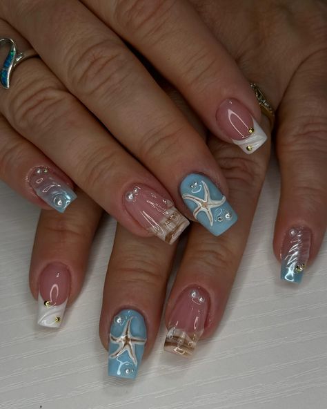 She’s ready for the beach 🌊☀️ • • • • • #gelx #beachnails #squarenails #blue Cute Beach Nails Square, Square Holiday Nails Summer, Short Square Acrylic Nails Beach, Blue Acrylic Square Nails, Blue Nail Ideas For Summer, Square Beach Nails, Short Hawaii Nails, Beach Nails Square, Underwater Nails