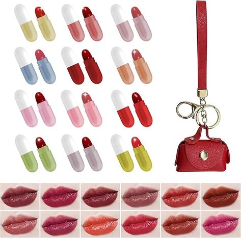 Amazon.com : 12 Pill Lipstick with 1 Cute Mini Red Leather Bag Key-chain Pouch - Mini Lipstick Velvet Matte, Smooth and Moisturizing Pill Lipsticks, Long-Lasting, Portable and Charming Look All Day Long : Beauty & Personal Care Pill Lipstick, Mini Lipstick, Red Leather Bag, Travel Products, Velvet Matte, Leather Key, Leather Keychain, Lipsticks, Key Chain