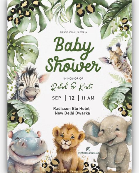 Baby Shower Jungle theme invite 👼🏻🦒🦓🐘🦁 For our proud prerents-to-be Rahul & Kruti ❤️ . #babyshower #jungle #jungletheme #babyshowerinvite #digitalinvitation #einvite #birthday #babyshowerinvitations #littleangel #baby #personalisedinvitations Jungle Theme Baby Shower Invitations, Jungle Theme Baby Shower Ideas For Boys, Safari Theme Invitation Template, Rainforest Baby Shower Theme, Jungle Safari Baby Shower Ideas, Decoracion Baby Shower Safari, Jungle Theme Baby Shower Ideas, Baby Shower Jungle Theme, Jungle Theme Baby Shower