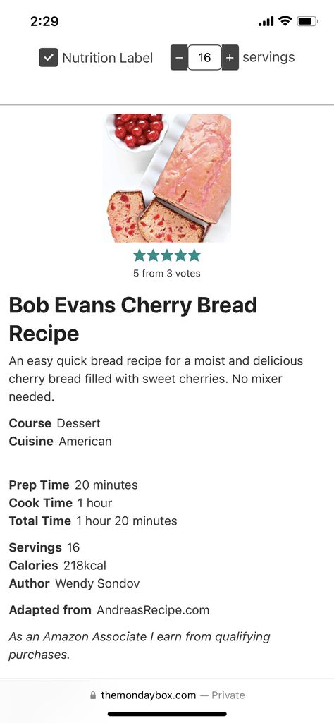 Bob Evans Cherry Bread Recipe, Cherry Bread Recipe, Cherry Bread, Quick Bread Recipes Easy, Bob Evans, Summer Foods, Nutrition Labels, Sweet Cherries, Quick Bread