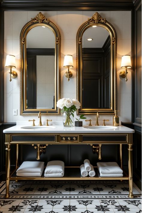 Art deco bathroom with gold fixtures and geometric black and white tiles Vintage Transitional Bathroom, Formal Interior Design, Terrocata Bathroom, Art Deco Washroom, 1920s Luxury Aesthetic, Time Less Style, Heritage Bathroom Ideas, 1930s Bathroom Ideas Art Deco, Vintage Glamour Bathroom