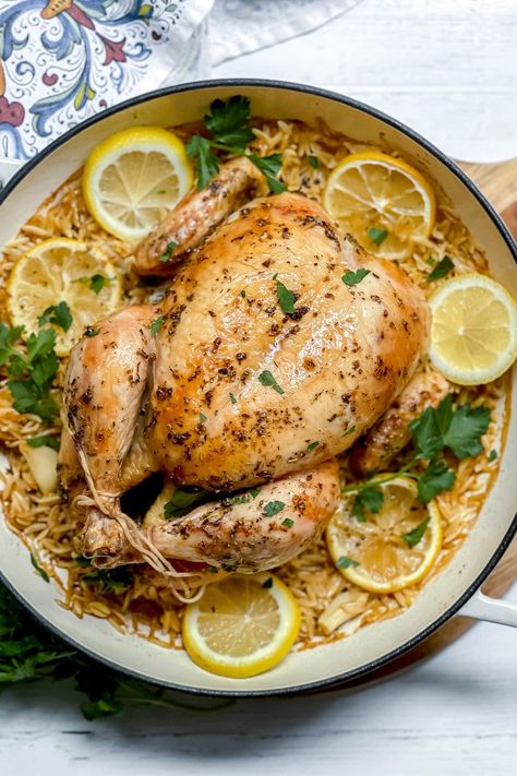 Greek Lemon Roasted Chicken, Roast Chicken With Orzo, Mediterranean Whole Chicken, Greek Chicken With Orzo, Mediterranean Whole Chicken Recipes, Chicken With Lemon Orzo, Greek Roast Chicken, Chicken Lemon Orzo, Lemon Orzo Chicken