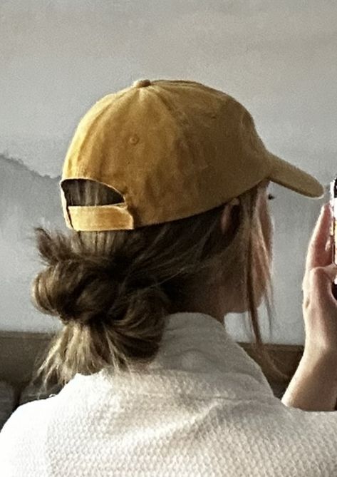 Low Bun With Hat, Camping Hairstyles, Low Bun Hairstyle, Cap Hairstyles, Camping Hair, Low Bun Hairstyles, Gym Hairstyles, Braided Bun Hairstyles, Hippie Hair