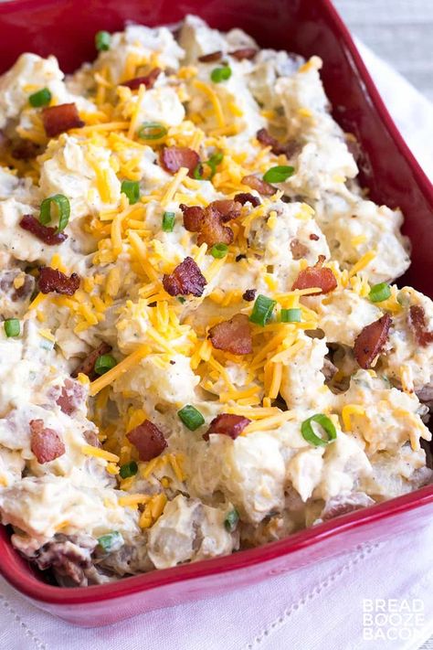 Bacon Ranch Loaded Potato Salad is a flavorful side dish that's perfect for potlucks or your next game day party! #BreadBoozeBacon #bacon #potatosalad #gameday Baked Potato Salad Recipe, Bacon Ranch Potato Salad, Low Carb Veggie, Loaded Potato Salad, Ranch Potato Salad, Baked Potato Toppings, Loaded Baked Potato Salad, Bread Booze Bacon, Bacon Ranch Potatoes