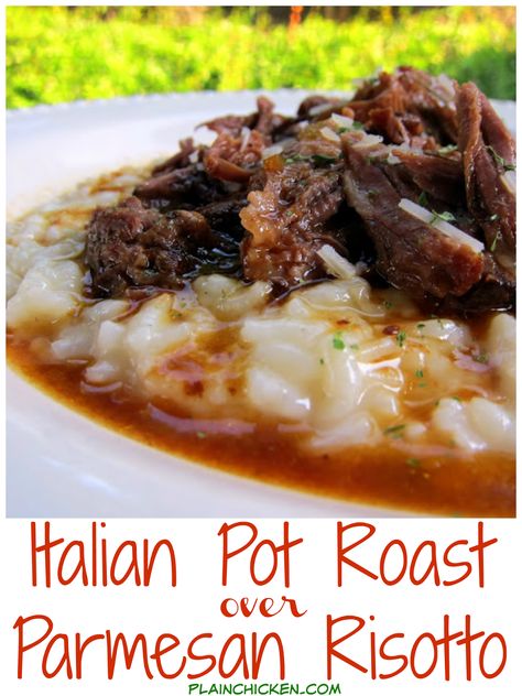 Italian Pot Roast over Parmesan Risotto - THE BEST post roast! Pot Roast slow cooked all day in tomato juice, italian seasoning and au jus mix. Serve over a quick homemade parmesan risotto. I literally licked my plate! Best Pot Roast Recipe, The Best Pot Roast, Risotto Parmesan, Italian Pot Roast, Best Pot Roast, Parmesan Risotto, Pot Roast Recipe, Random Recipes, Plain Chicken