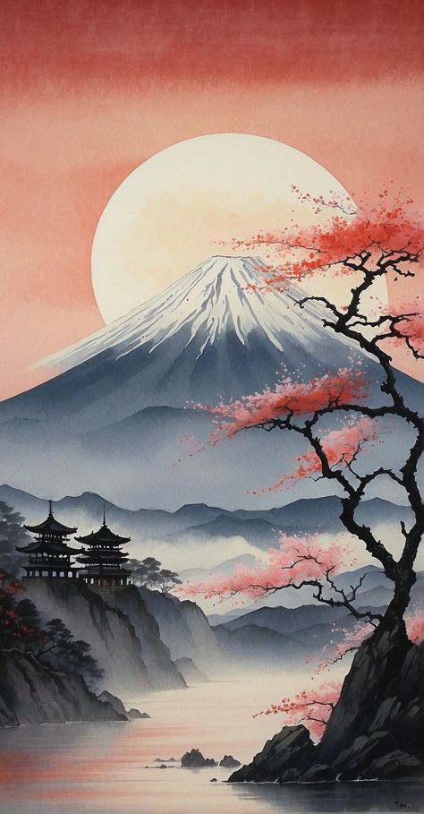 Gunung Fuji, Japanese Background, Zen Painting, Monte Fuji, Japan Landscape, Japanese Drawings, Travel Landscape, Japon Illustration, Autumn Festival