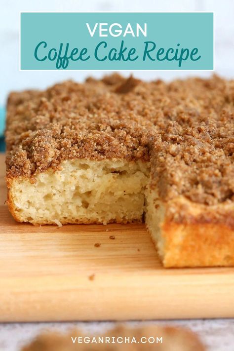 Easy Vegan Coffee Cake Recipe. Simple soft Vanilla Cake topped with a delicious Streusel. Classic Cinnamon Streusel Coffee cake. #Vegan #soyfree #nutfree #Recipe. Glutenfree option #veganricha Vegan Coffee Cake Recipe, Cinnamon Streusel Cake, Vegan Coffee Cake, Healthy Vegan Dessert, Cinnamon Streusel Coffee Cake, Cake Cinnamon, Streusel Cake, Vegan Coffee, Coconut Dessert