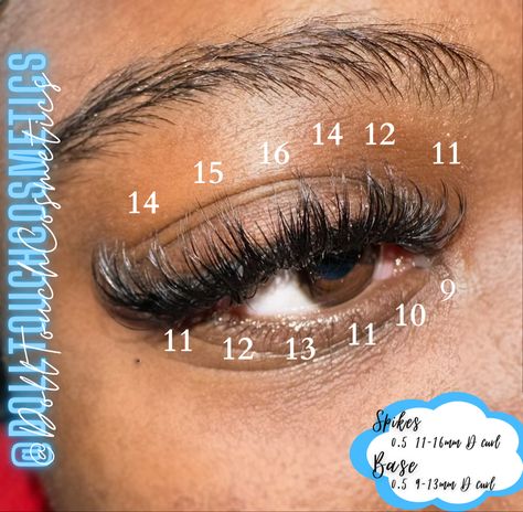 Perfect lash map for beautiful almond shape eyes. IG: DollTouchcosmetics 🩵 Wispy Lashes Extensions Mapping, Lash Mapping For Almond Eyes, Spike Eyelash Extensions Mapping, Lash Maps For Hooded Eyes, Lash Maps For Eye Shapes, Lashes For Big Round Eyes, Lashes For Almond Shaped Eyes, Lash Maps For Almond Eyes, Wispy Cluster Lash Map