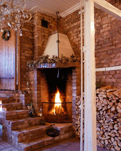 Beautiful Fireplaces, Corner Fireplace Ideas, Wood Stove Fireplace, Cozy Den, Storybook Cottage, Corner Fireplace, Brick Walls, Fireplace Ideas, Hearth And Home