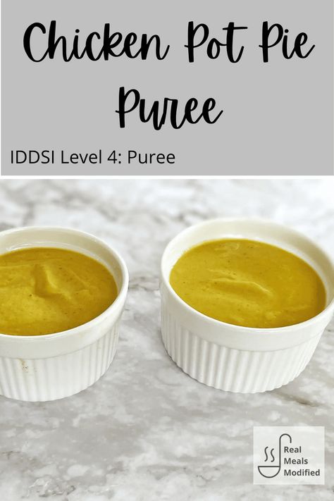 This Level 4: Puree Chicken Pot Pie is so delicious! Even without the traditional crust, you'll get all the wonderful, crave-able flavors of chicken pot pie. Pureed Diet For Elderly, Pureed Chicken Recipes, Pureed Protein Recipes, Baractric Puree Foods, Pureed Food Recipes For Adults Dinners, Pureed Meals For Adults, Puree Diet Recipes, Pureed Foods For Adults, Puree Food For Adults