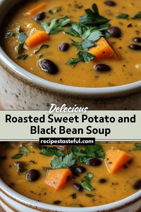 A hearty and nutritious soup that combines roasted sweet potatoes and black beans, seasoned with cumin and chili powder. This comforting dish is perfect for chilly days and can be enjoyed by the whole family. Sweet Potatoes And Black Beans, Sweet Potato And Black Bean, Sweet Potato Black Bean, Stews And Soups, Simple Delicious Recipes, Cubed Sweet Potatoes, Beef Broccoli, Sweet Potato Black Beans, Wholesome Meals