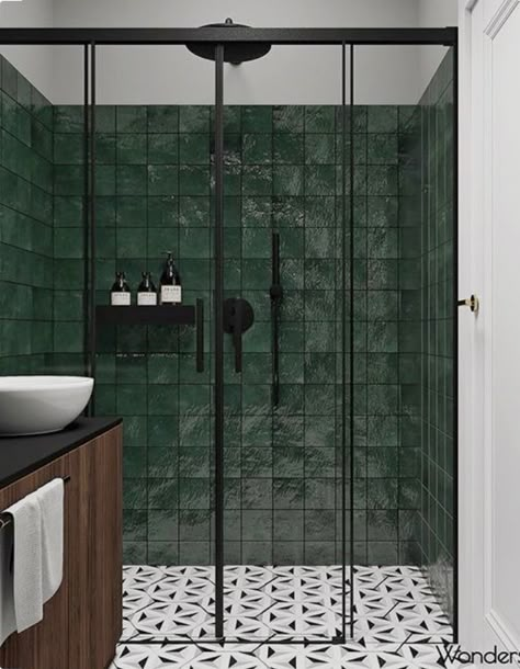 Dark Green Bathroom Tiles Master Bath, Dark Green Shower Tile, Bathroom Inspo Green, Dark Green Bathroom Tiles, Green Shower Tile Bathroom, Forest Green Bathroom Ideas, Dark Green And Gold Bathroom, Emerald Green Bathroom Tiles, Green Tile Ideas