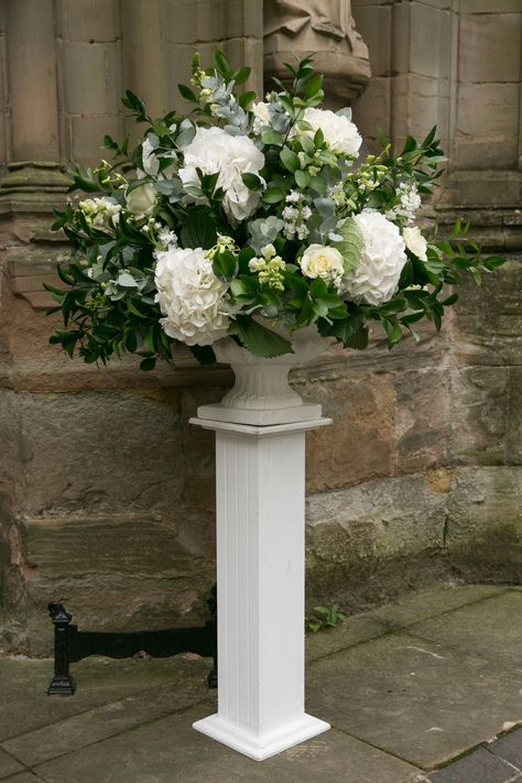 Greenery Floral Arrangement, Wedding Columns, Alter Flowers, Church Wedding Flowers, White Floral Arrangements, Altar Arrangement, Large Floral Arrangements, Altar Flowers, Large Flower Arrangements