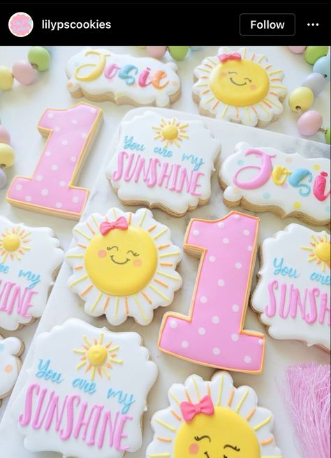 Sunshine Birthday Cakes, Sunshine Birthday Theme, Beach Birthday Decorations, Sunshine Cookies, Sunshine First Birthday, First Birthday Cookies, Sunshine Birthday Parties, My Only Sunshine, Baby First Birthday Cake