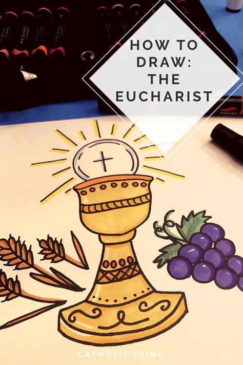 How to draw the eucharist for Catholic kids Eucharist Drawing, Catholic Eucharist, Directed Drawing Kindergarten, Catholic Kids Crafts, Catholic Icing, Catholic Kids Activities, Religion Activities, Catholic Schools Week, First Communion Banner