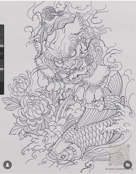 Komainu Tattoo Design, Foo Dogs Tattoo, Foo Dog Sketch, Japanese Foo Dog Tattoo Design, Thai Dragon Tattoo, Fudog Tattoo Design, Dragon Tattoo Japanese, Japanese Cloud Tattoo, Japanese Foo Dog