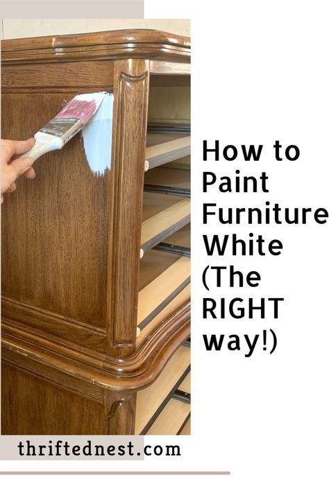 White Boho Dresser, How To Paint Dark Furniture White, Painting Timber Furniture White, Furniture Makeover Tutorial, White Painted Dresser With Wood Top, How To Paint Wooden Furniture, Self Leveling Paint For Furniture, Painting Old Bedroom Furniture, How To Paint Furniture White