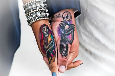 Jack And Sally Hand Tattoo, Couple Hand Tattoos Relationships, Jack And Sally Heart Tattoo, Jack And Sally Matching Tattoos, Jack And Sally Tattoo Couple Ideas, Couple Tattoos Nightmare Before Christmas, Small Jack And Sally Tattoo Ideas, Jack And Sally Couple Tattoo, Couple Tattoos Jack And Sally