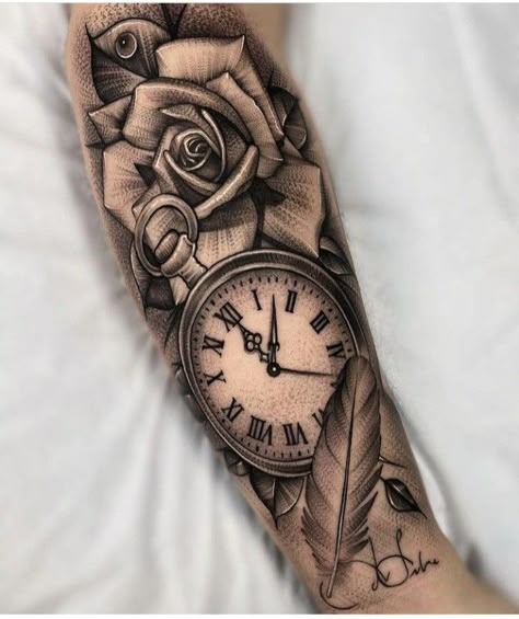 Clock And Rose Tattoo, Pocket Watch Tattoos, Rose Clock, Rose Tattoos For Men, Clock Tattoo Design, Tattoos For Women Half Sleeve, Hip Tattoos Women, Watch Tattoos, Clock Tattoo