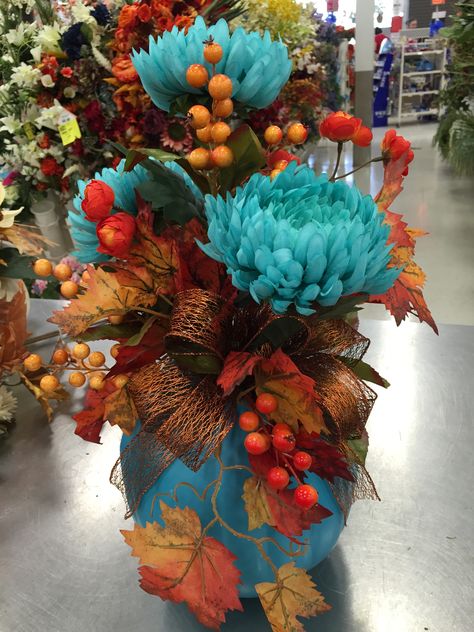 Turquoise pumpkin                                                                                                                                                                                 More Fall Porches, Thanksgiving Tree, Fall Centerpieces, Turquoise Decor, Fall Flower Arrangements, Fall Floral Arrangements, Fall Arrangements, Fall Deco, Fall Thanksgiving Decor