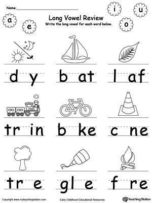 **FREE** Long Vowel Review. Write Missing Vowel. Worksheet. Identify and write the missing long vowel in this printable worksheet. Your child will look at the picture, pronounce its name and identify the missing vowel in the word, then write it. #MyTeachingStation Vowel A Worksheet, Vowel Pairs Worksheet, Long Vowels Worksheets, Long Vowel Sounds Worksheets, Vowel Pairs, Long Vowel Worksheets, Short Vowel Worksheets, Vowel Worksheets, Long Vowel