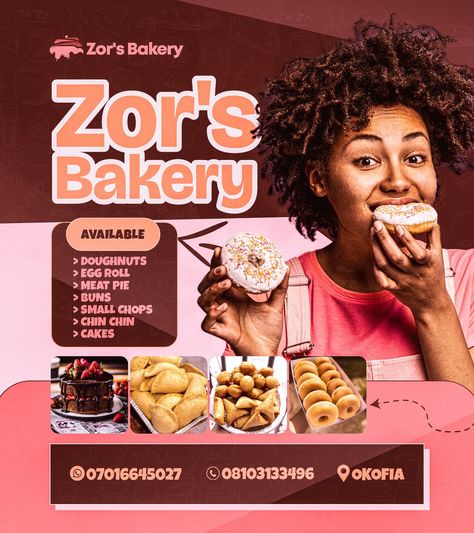 Brand Flyer Design for Zor's Bakery! A Bakery and Pastries Brand❤️ Actually the client wanted something Mature!, That was the word she kept mentioning 😂 I came up with the second slide firstly because I after I have researched and having known the importance of color pallete in the success of a functional design, I tried to blend-in colours associated with Bakery. The client however wanted something more, I had to ask her very pressing Questions so I could determine what she really wante... Pastries Flyer Design, Brand Flyer Design, Bakery Flyer, Bakery Branding Design, Bakery Branding, Flyer Design Layout, Color Pallete, Flyer Design Inspiration, Flyer Ideas