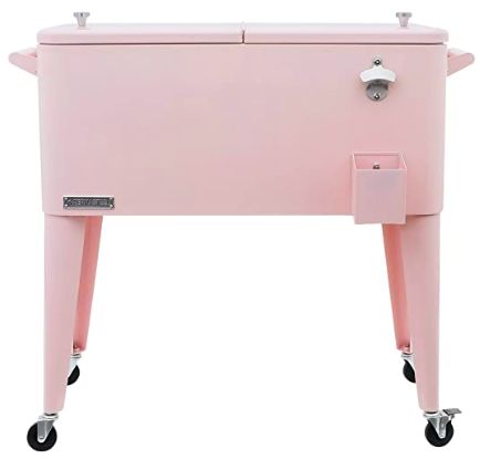 Permasteel 80-Qt Classic Outdoor Patio Cooler for Outside | Outdoor Beverage Cooler Bar Cart, Rolling Cooler with Wheels & Handles, Retro Design, Pink Cooler Bar, Cooler With Wheels, Patio Cooler, Rolling Cooler, Kitchen Appliance Storage, Outdoor Kitchen Appliances, Appliances Storage, Relaxing Outdoors, Classic Outdoor