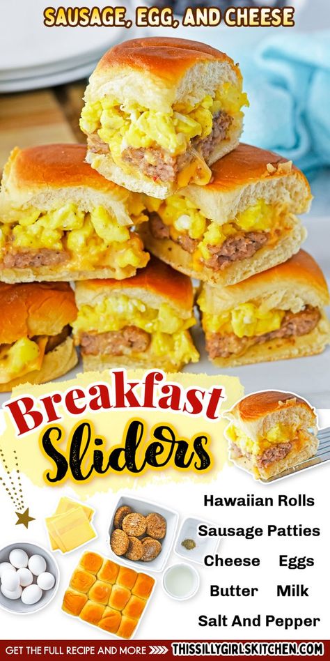 breakfast sliders Breakfast Sliders, Sweet Dinner Rolls, Mom Breakfast, Sausage Patties, Breakfast Slider, Hosting Brunch, Cheese Breakfast, Egg And Cheese, Slider Buns