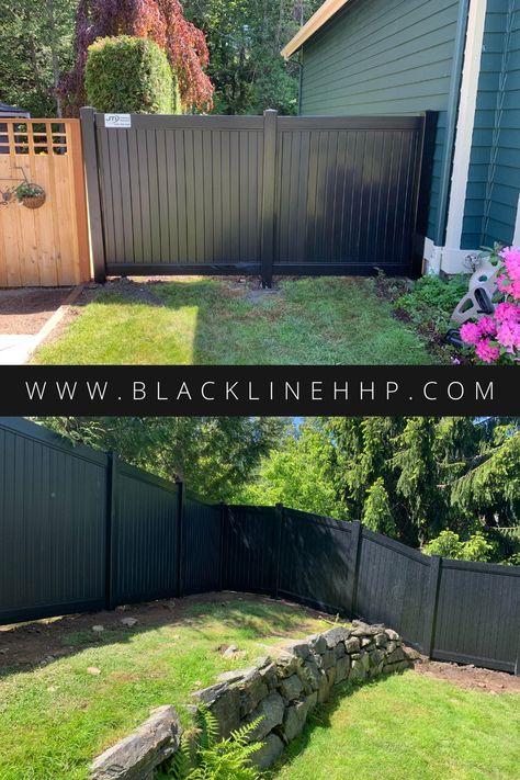 Black Vinyl Fence, Olive Green House, Ranch Fencing, Vinyl Fences, Vinyl Fencing, Fenced Backyard, Black Fence, Garage Exterior, Horse Fencing