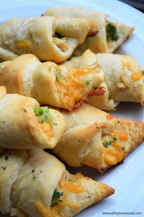 Chicken Broccoli & Cheese Crescent Rolls | The Healthy Home Cook Stuffed Crossiant Recipes Dinners, Broccoli Cheese Roll Ups, Broccoli Chicken Roll Ups, Crossiant Roll Recipes, Crescent Roll Recipes For Toddlers, Recipes Using Crescent Roll Sheets, Broccoli And Cheese Crescent Rolls, Broccoli Roll Ups, Turkey And Cheese Crescent Rolls