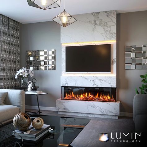 Panoramic Fireplace, Modern Electric Fireplace, Aluminium Garden Furniture, Feature Wall Living Room, Electric Fire, Luxury Marble, Electric Fires, Media Wall, Fireplace Inserts