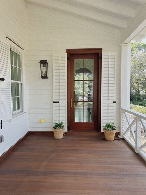 all about our shutters - Megan Stokes Cream Shutters, Porch Goals, Types Of Shutters, Bahama Shutters, White Siding, Front Entry Doors, Simply White, Good House, House Inspo