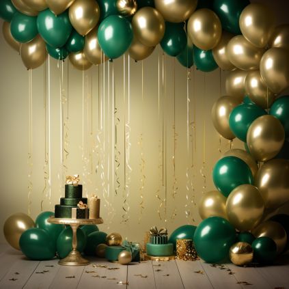 Gold and emerald green balloons with birthday cake on wood background stock photo, in the style of immersive environments, dark teal and dark beige, nature-inspired installations, tonalism, spectacular backdrops, monochromatic compositions, unique framing and composition Dark Green And Gold Balloon Arch, Green Balloons Decoration Birthday, Dark Green And Gold Decorations Party Ideas, Emerald Green And Gold Party Theme, Green And Gold Backdrop Ideas, Green And Gold Decorations Party, Emerald Green Photoshoot Birthday, Emerald And Gold Birthday Party, Emerald Green And Gold Birthday Decor