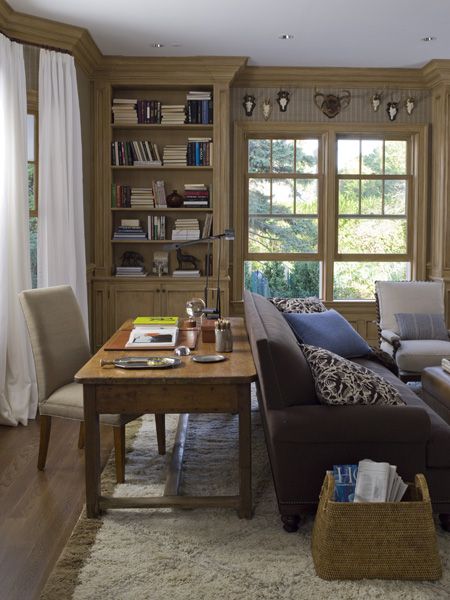 Den ideas: Desk behind couch, magazine basket, color scheme Desk And Seating Area, Sofa Desk Behind Couch, Desk Lounge Room, Study With Couch And Desk, Desk Behind Sectional Sofa, Computer Desk Behind Couch, Sofa Table Behind Couch As Desk, Study Sitting Room Combo, Very Small Den Ideas