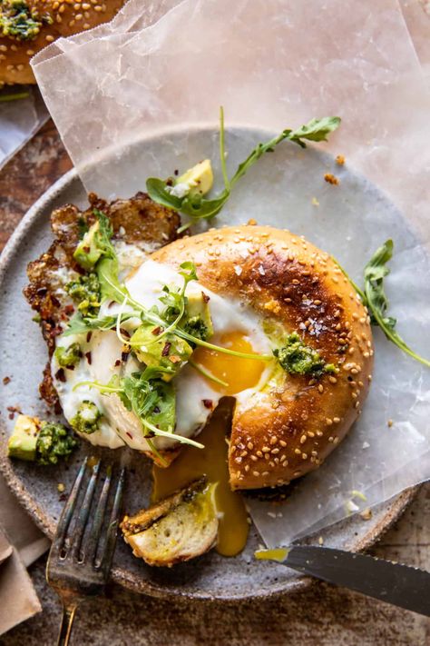 Crispy Parmesan and Pesto Egg in a Bagel | halfbakedharvest.com Bagel Calories, Pesto Eggs, Half Baked Harvest Recipes, Breakfast Bagel, Crispy Cheese, Bagel Sandwich, Chicken Sweet Potato, Bagel Recipe, Harvest Recipes