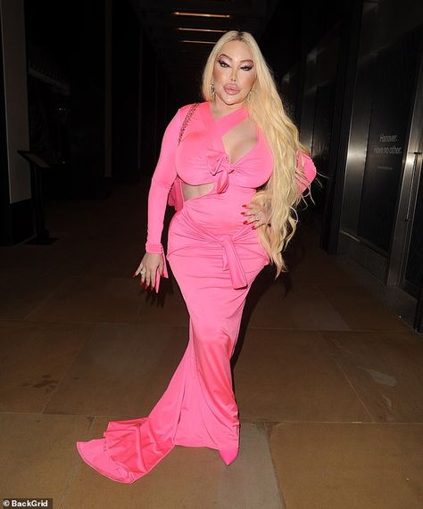 Dressed to impress: Jessica Alves turned heads once again as she went for dinner in Mayfair on Tuesday evening Jessica Alves, Pink Gown, Dressed To Impress, Tv Personality, Pink Gowns, A Train, Bright Pink, Put On, Dress To Impress