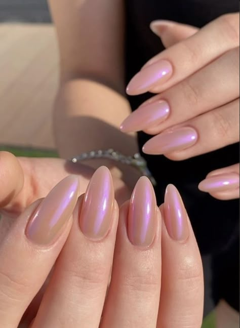 Opal Pink Nails, Sheer Chrome Nails, Holographic Nails French Tip, Irridecent Design Nails, Pink Holo Nails, Fairy Dust Nails, Pink Holographic Nails, Nail Designs Ideas, Hello Nails