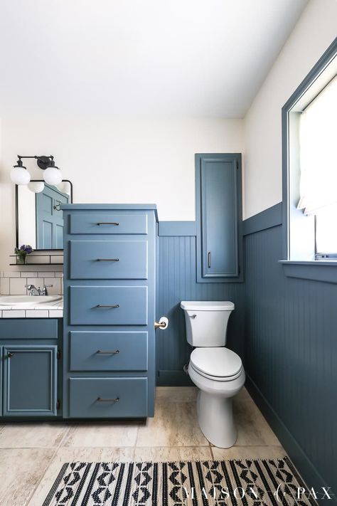 Blue Beadboard Bathroom, Molding In Bathroom, Floor To Ceiling Beadboard, Painted Beadboard Walls, Diy Beadboard Walls, Vinyl Beadboard, Blue Beadboard, Bathroom Craftsman, Beadboard Ideas