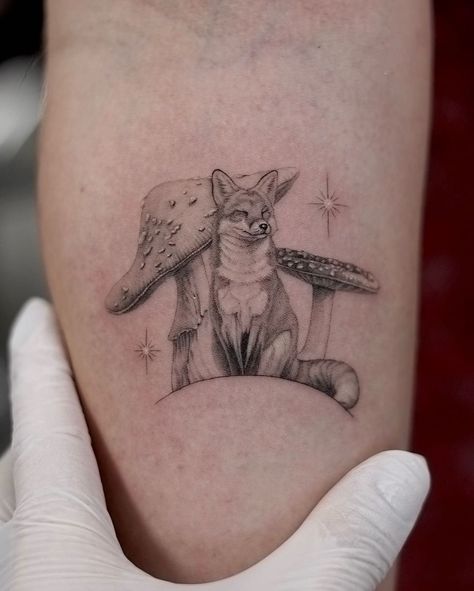 Fox Wrist Tattoo, Powerful Animal Tattoos, Micro Mushroom Tattoo, Tattoo For Plus Size Women, Fox Mushroom Tattoo, Fox And Mushroom Tattoo, Realism Mushroom Tattoo, Brown Bear Tattoo For Women, Dainty Fox Tattoo