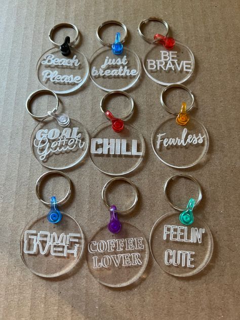 These funny keychain sayings are made from clear acrylic. Keychain Sayings, Diy Resin Keychain, Keychain Svg, Funny Keychain, Keychain Ideas, Key Keychain, Laser Engraved Ideas, Acrylic Keychains